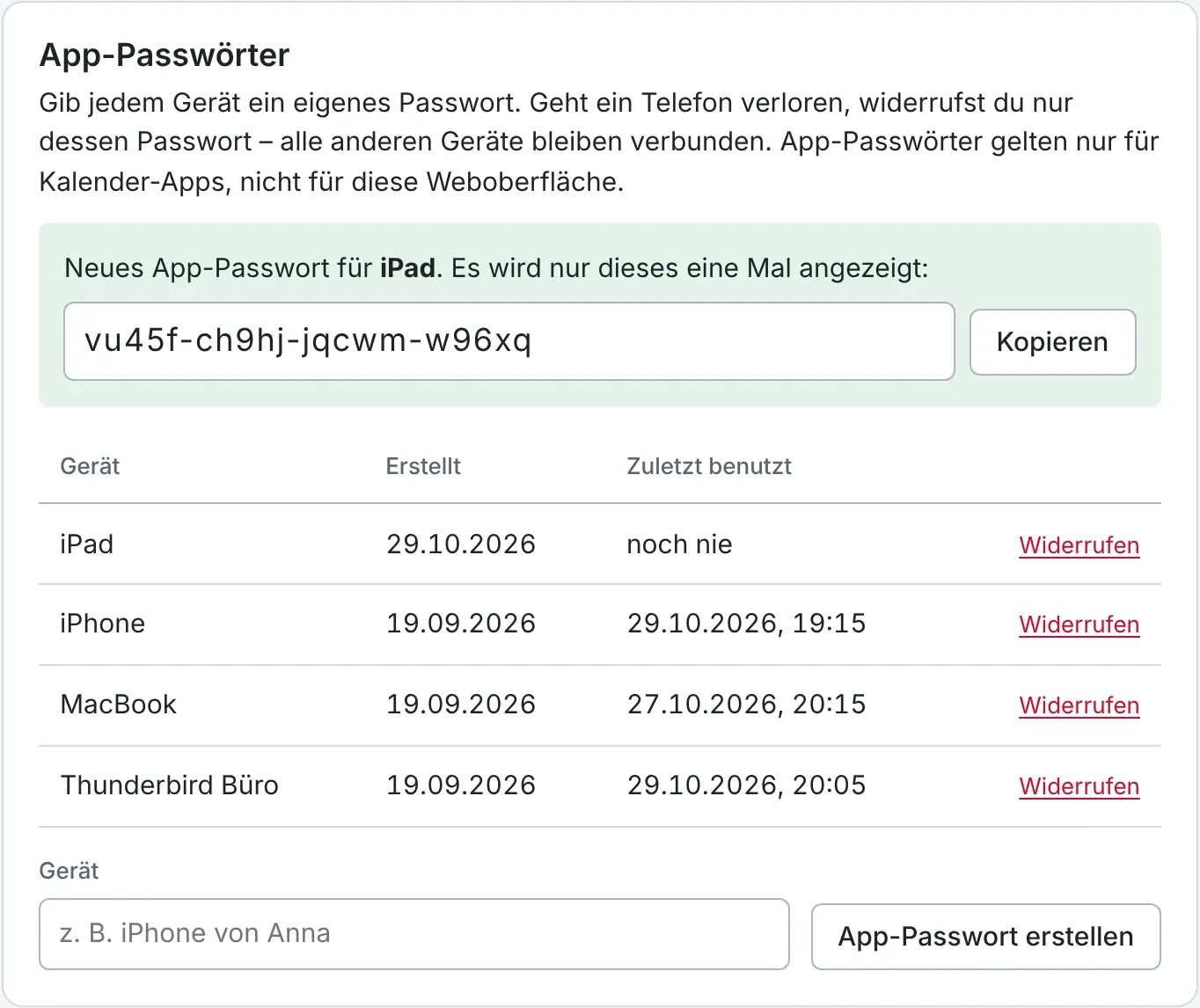 Bereich „App-Passwörter“ mit einem gerade erzeugten Passwort und einer Liste der Geräte