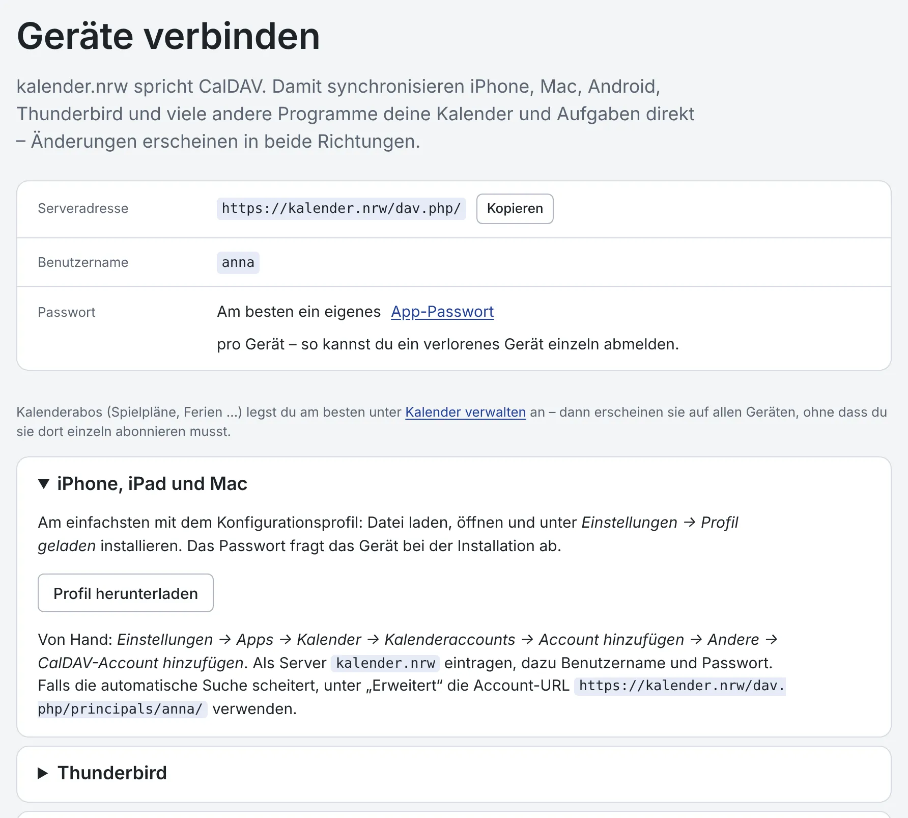 Seite „Geräte verbinden“ mit Serveradresse und Anleitungen für einzelne Geräte