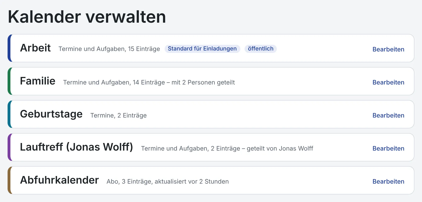 Seite „Kalender verwalten“ mit drei Kalendern in verschiedenen Farben