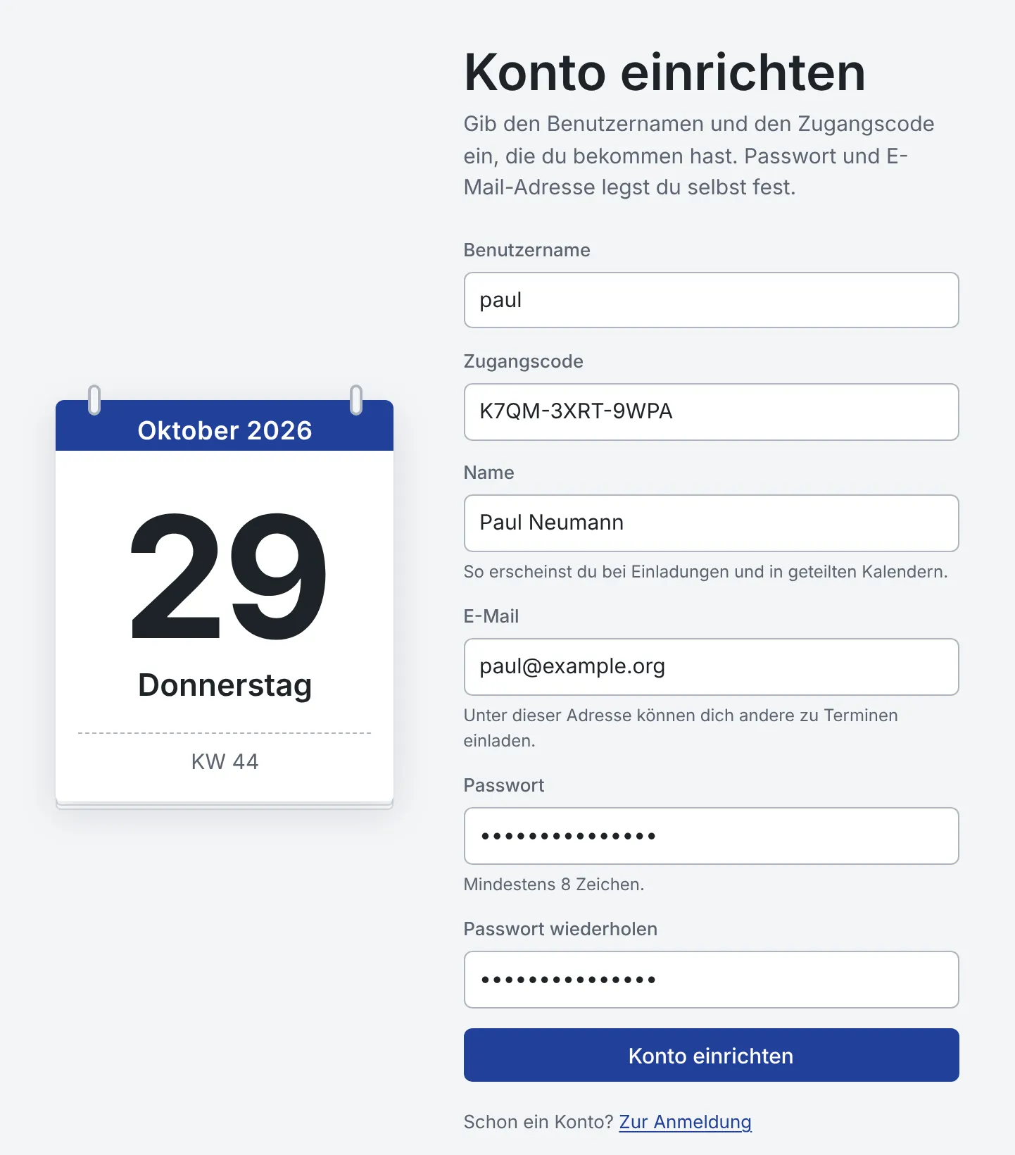 Formular „Konto einrichten“ mit Benutzername, Zugangscode, Name, E-Mail und Passwort
