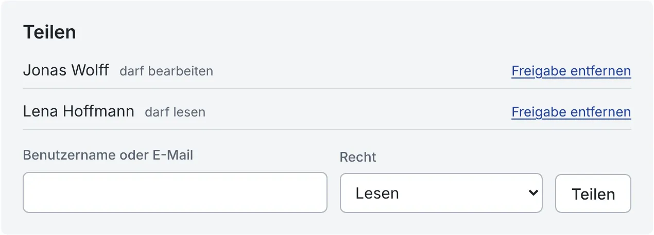 Bereich „Teilen“: Liste der Personen mit ihren Rechten und Formular für eine neue Freigabe