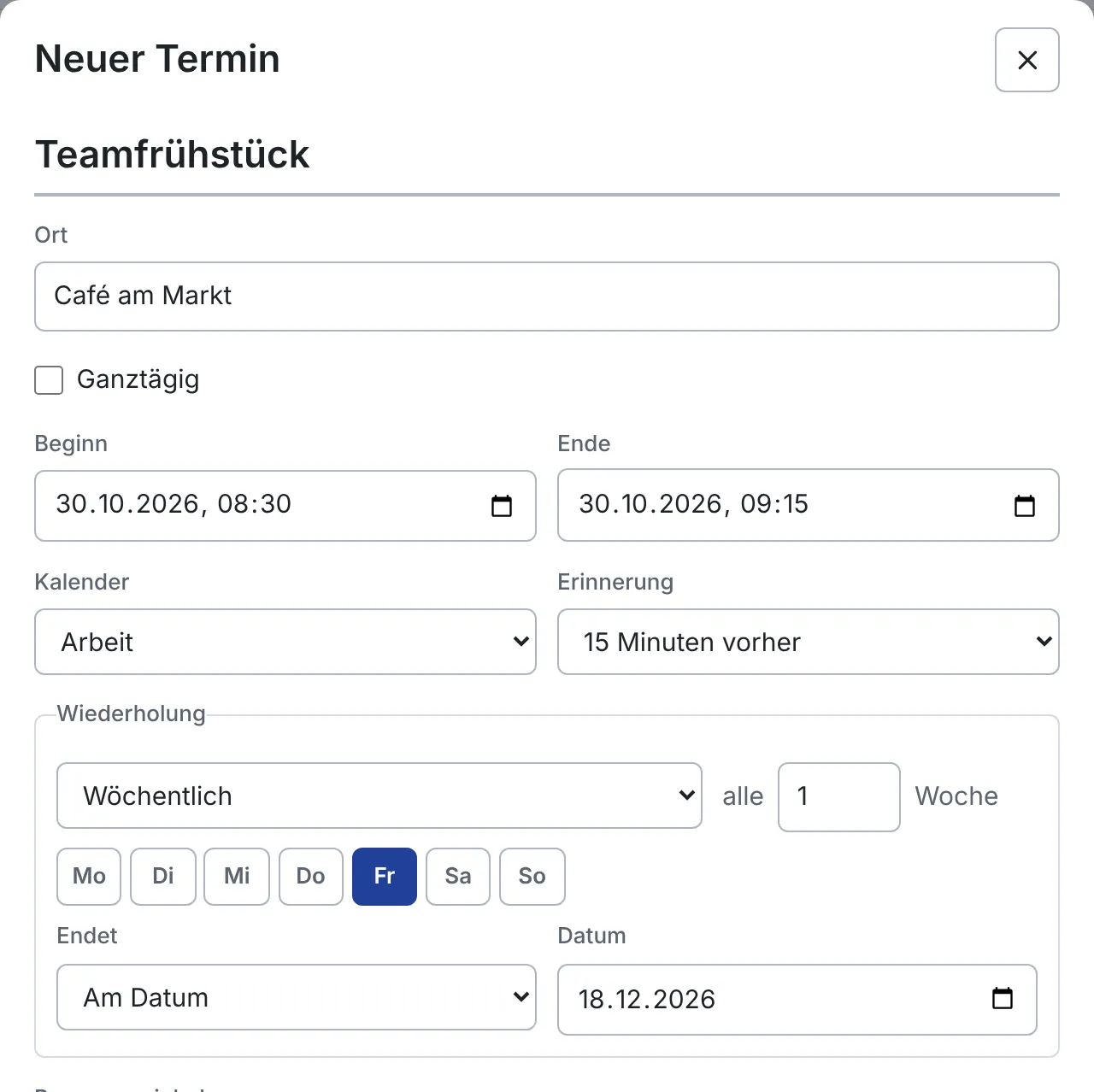 Fenster „Neuer Termin“ mit Titel, Ort, Zeit, Kalender, Erinnerung und Wiederholung